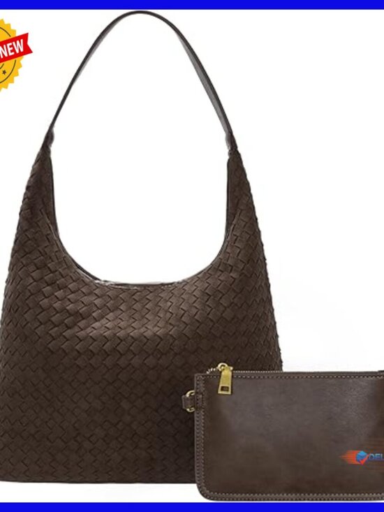 Handbags - Woven Suede Hobo Tote Bag with Zippered Compartments for Work Travel